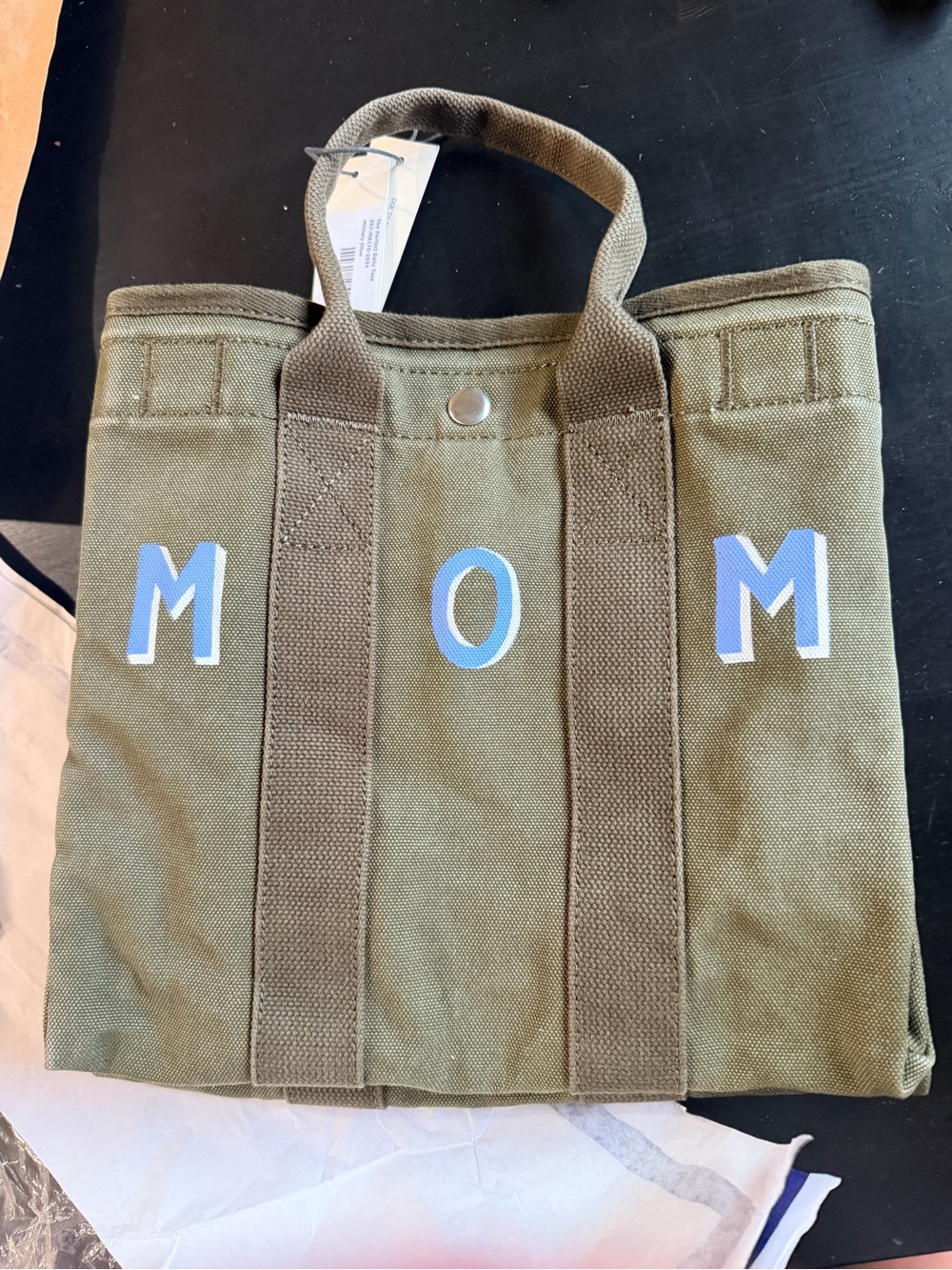 Alex Mill Olive Canvas MOM Tote with Blue Lettering